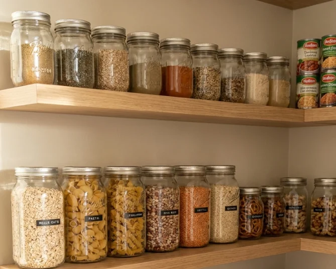 A shelf of sealed jars: coffee, flour, nuts, spices